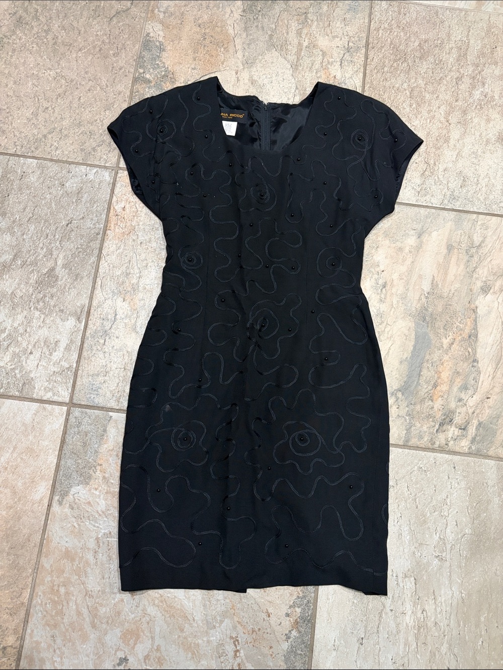 Donna Ricco Black Embroidered Cap-Sleeve Mini Dress